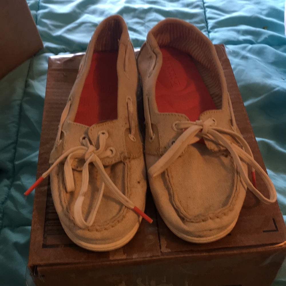 Sperry Topsides, off-white and Orange, size 6, some wear.